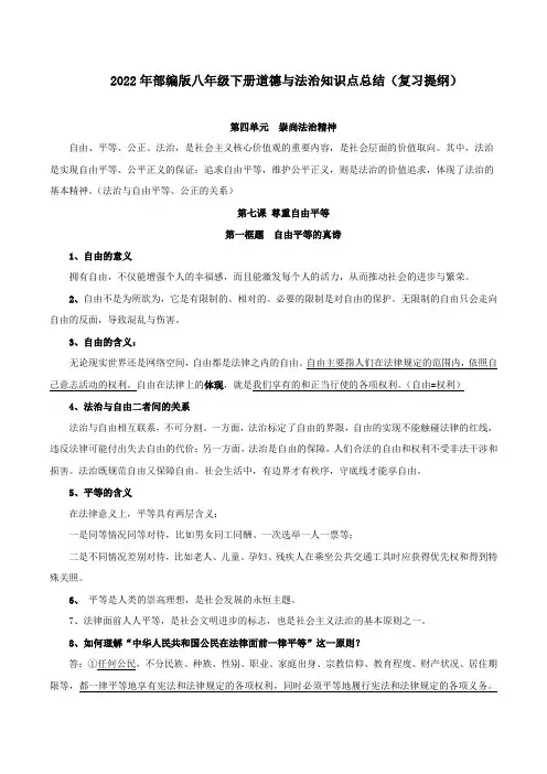 第四单元 崇尚宪法精神-八年级道德与法治下册同步背诵知识点归纳