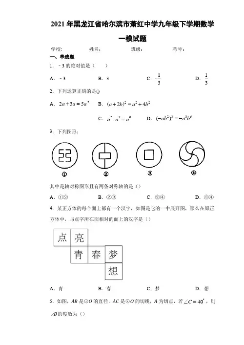 2021年黑龙江省哈尔滨市萧红中学九年级下学期数学一模试卷及答案
