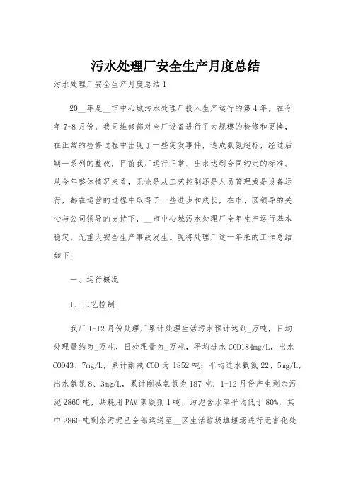 污水处理厂安全生产月度总结