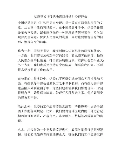 纪委书记《打铁还需自身硬》心得体会