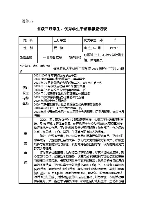 省级三好学生、优秀学生干部推荐登记表