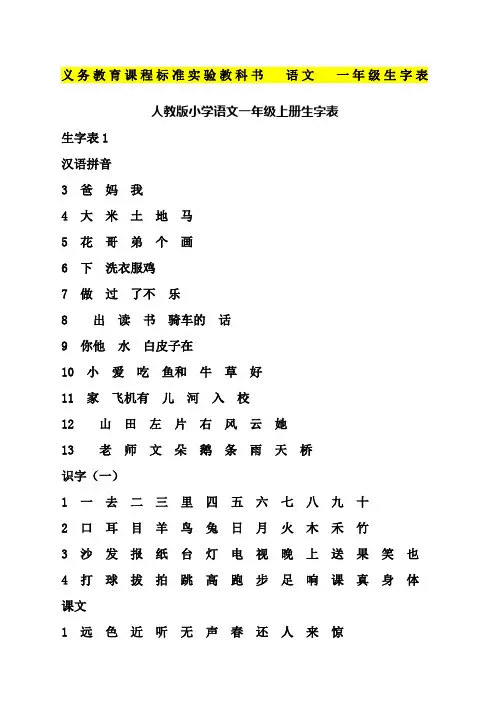 人教版小学语文一年级生字表打印