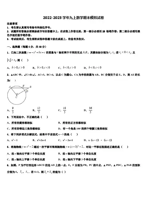 2023届安徽省宣城市宣州区水阳中学九年级数学第一学期期末质量检测试题含解析