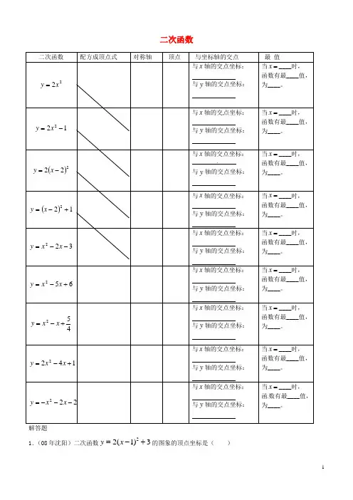 广东省广州市白云区汇侨中学九年级数学下册《二次函数》单元综合测试题(2)(无答案) 新人教版