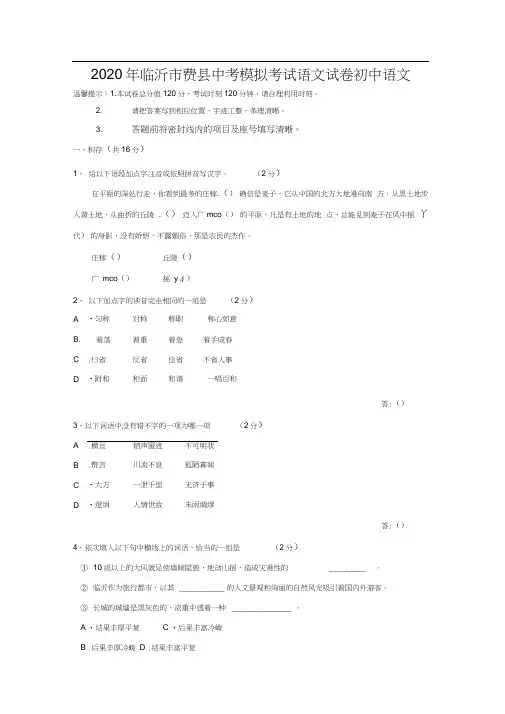 2020年临沂市费县中考模拟考试语文试卷初中语文