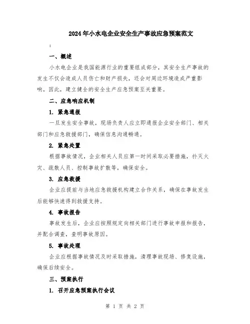 2024年小水电企业安全生产事故应急预案范文