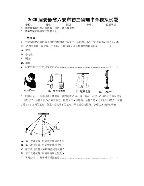 最新2020届安徽省六安市初三物理中考模拟试题及解析