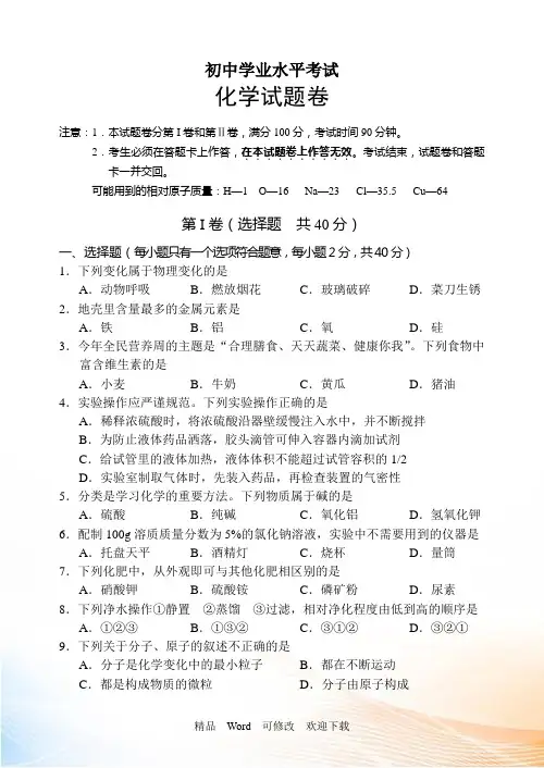 2021年初中学业水平考试化学试题卷