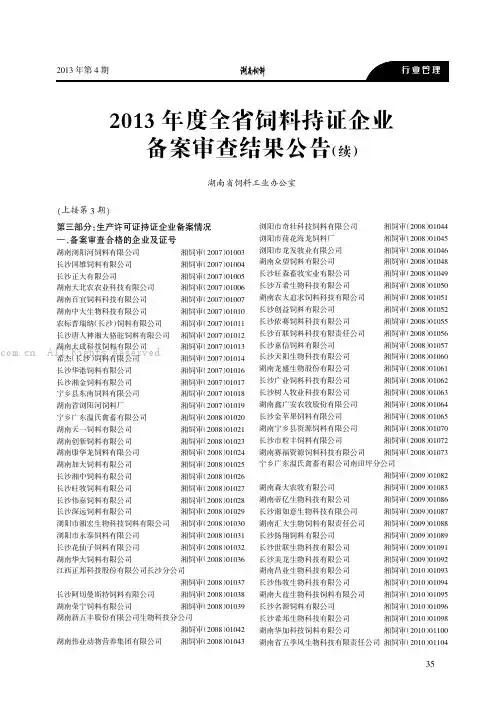 2013年度全省饲料持证企业备案审查结果公告（续）