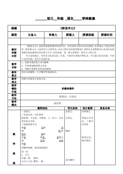 部编 九年级 语文 醉翁亭记 精品教案