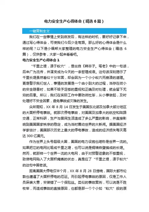 电力安全生产心得体会（精选6篇）