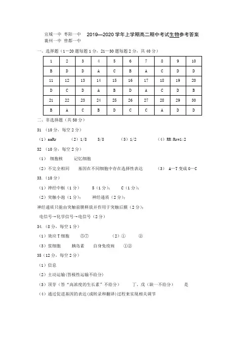 湖北省四校(襄州一中、枣阳一中、宜城一中、曾都一中)2019-2020学年高二上学期期中考试生物答案