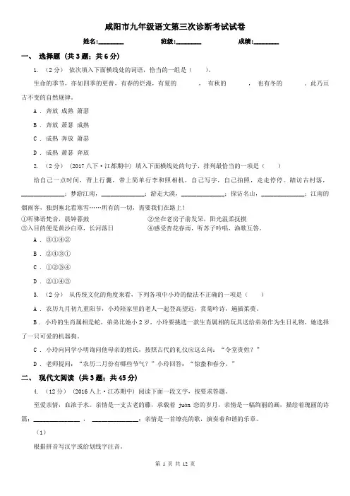 咸阳市九年级语文第三次诊断考试试卷