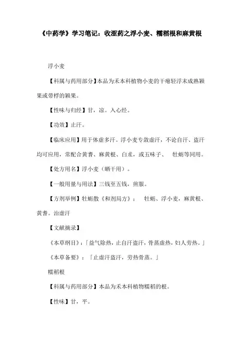 《中药学》学习笔记：收涩药之浮小麦、糯稻根和麻黄根
