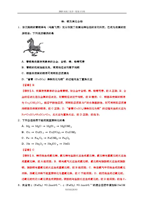 山师附中2021届高三化学一轮复习专练-铁、铜及其化合物【答案+解析】