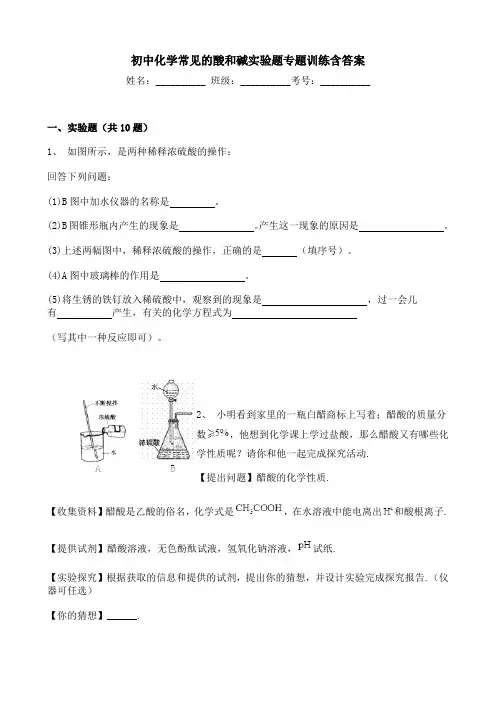 初中化学常见的酸和碱实验题专题训练含答案
