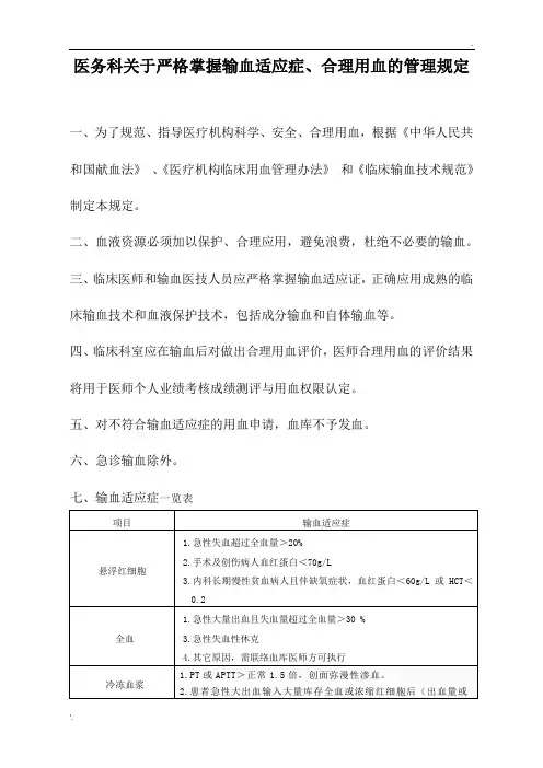 医务科关于严格掌握输血适应症合理用血的管理规定