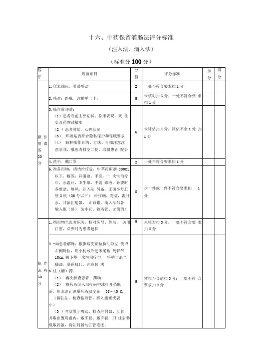 中药保留灌肠法操作评分标准