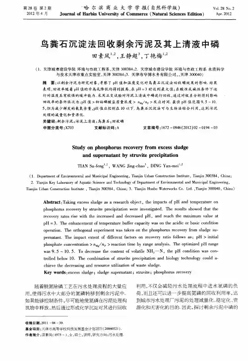 鸟粪石沉淀法回收剩余污泥及其上清液中磷