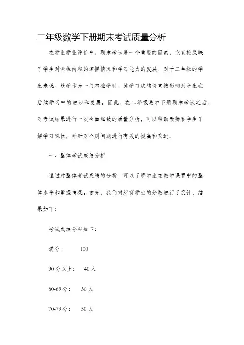 二年级数学下册期末考试质量分析