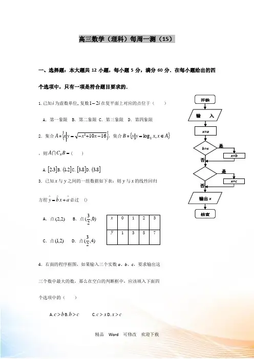 2021届高三上学期理科数学周测试卷15 Word版含答案