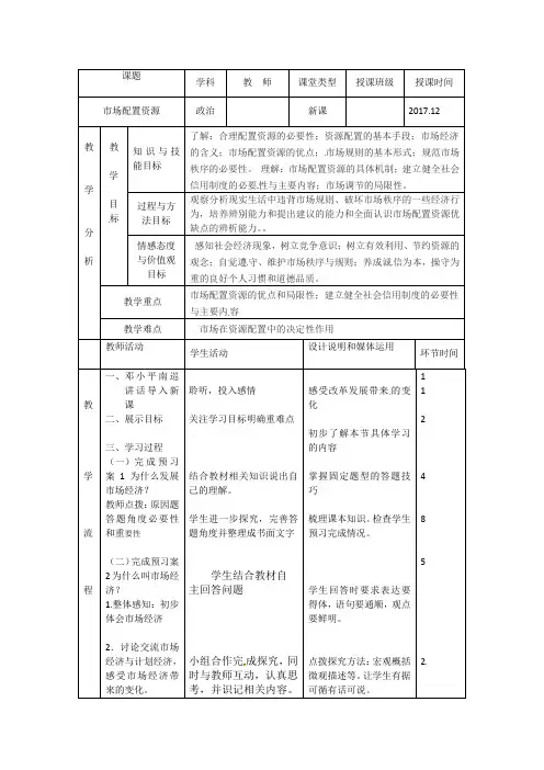 [高考精品资料]高三政治复习人教版必修一9.1市场配置资源  教案1.doc