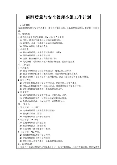 麻醉质量与安全管理小组工作计划