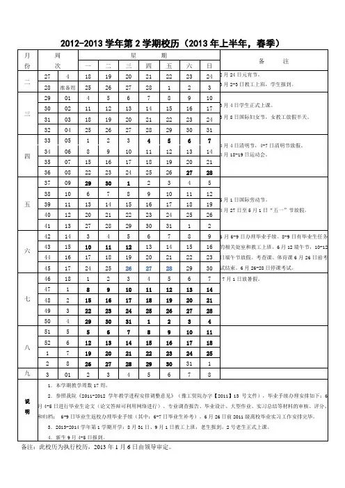 2012-2013学年第2学期校历
