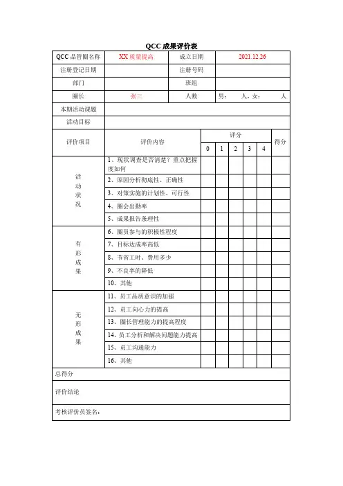 QCC成果评价表