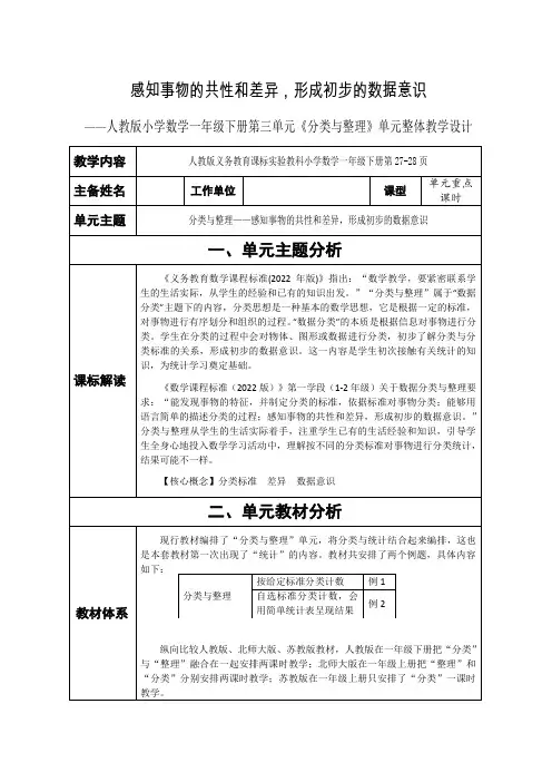 小学数学单元整体教学设计-《分类与整理》