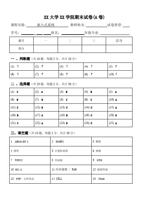 嵌入式系统试卷(附答案)