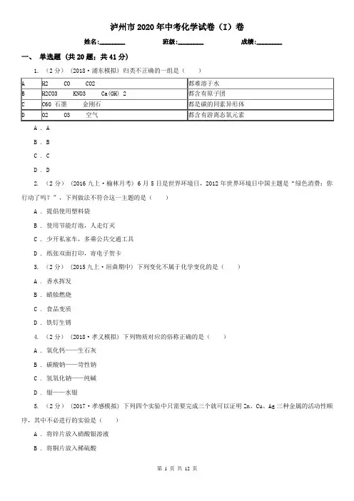 泸州市2020年中考化学试卷(I)卷