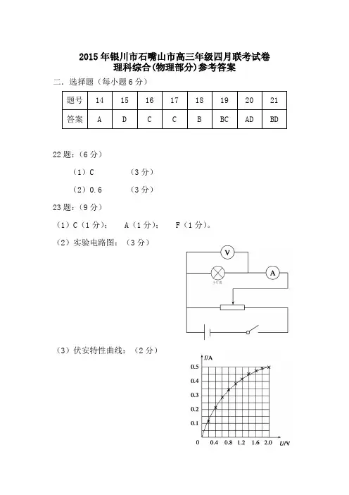 2015年4月联考物理参考答案