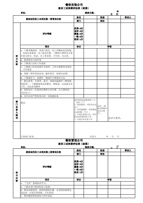 后厨各岗位新员工周带训评估表(1-4周)