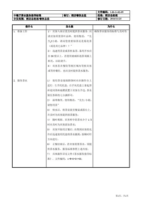 中餐厅茶水服务指导标准