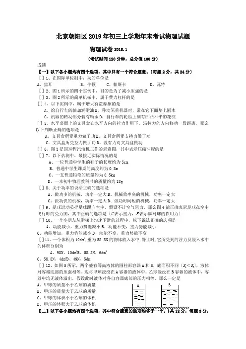 北京朝阳区2019年初三上学期年末考试物理试题