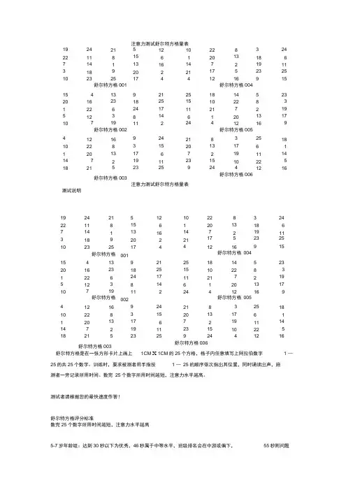 注意力测试舒尔特方格量表