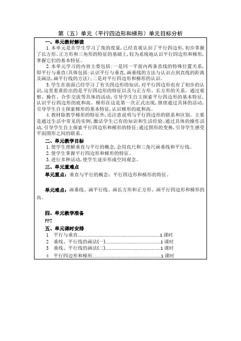 小学数学四年级上册集体备课教案《平行四边形和梯形》