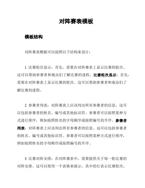 对阵赛表模板