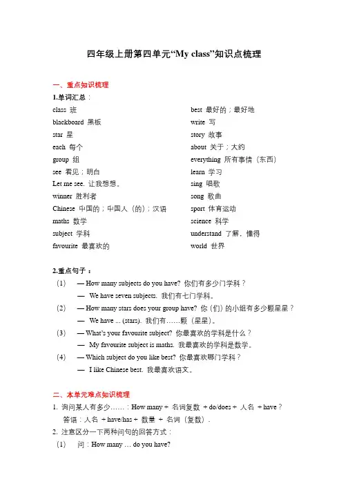 英语四年级上册第四单元知识点梳理