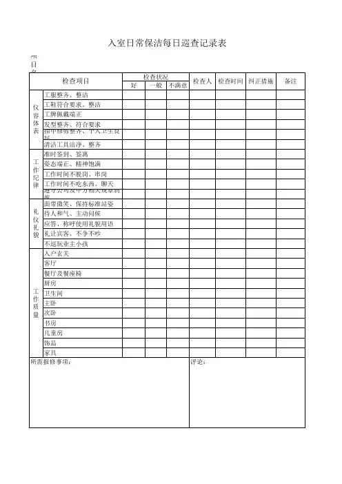 入室保洁日常巡查记录表