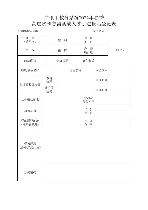 白银市教育系统2024年春季高层次和急需紧缺人才引进报名登记表