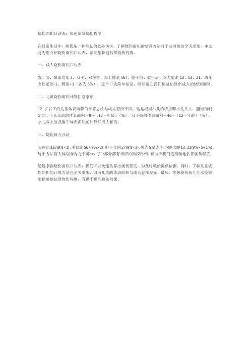 烧伤面积口诀表