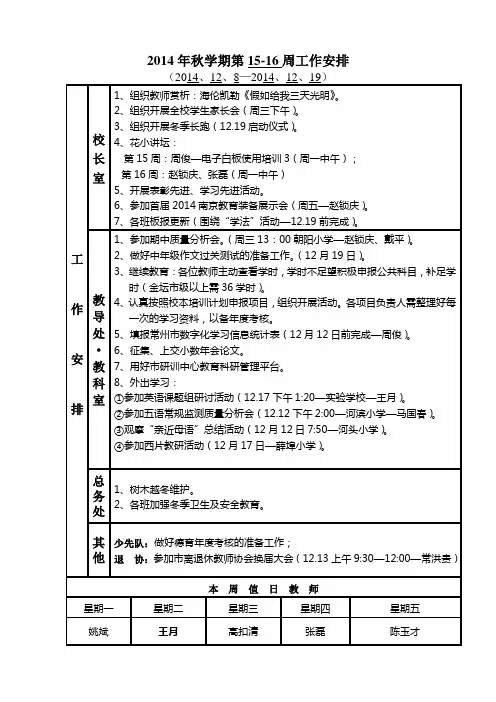 2014年秋学期第15-16周工作安排