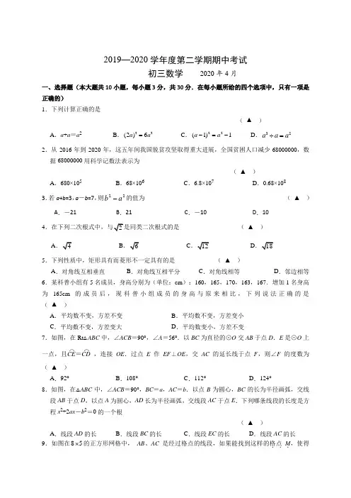 2020届九年级下学期期中考试数学试题(含答案)