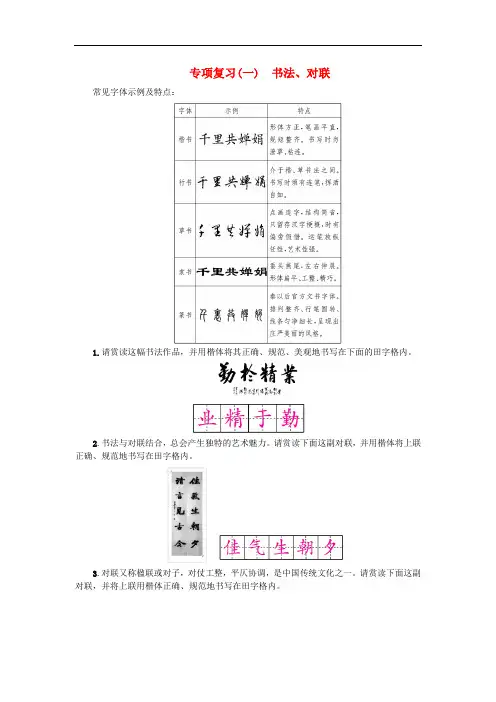 (人教部编版)九年级语文上册专项复习1书法对联 同步练习 配套练习