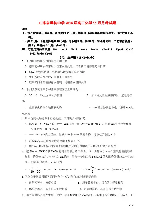 山东省潍坊中学高三化学11月月考试题