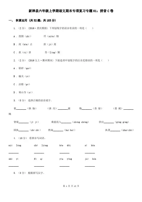 新津县六年级上学期语文期末专项复习专题01：拼音C卷