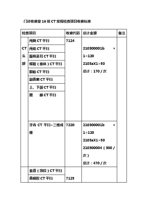 门诊收费室CT常规检查项目收费标准g