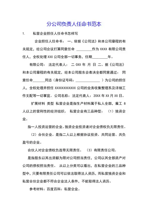分公司负责人任命书范本